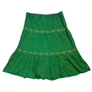 VINTAGE Woven Works Couture For Kids Green Embellished Tiered Boho Midi Skirt